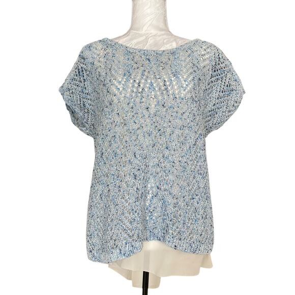 Lucky Brand Blue White Open Knit Scoop Neck Boho Knit Sweater Shirt Size Medium - Picture 1 of 16